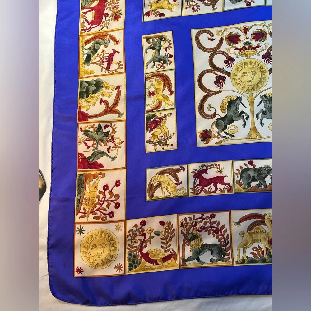 Christian Dior Silk Scarf Vtg Tree of Life Unicorn Animals Sun Moon HR 34 x 34
